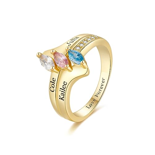 10K/14K/18K Gold Natural Diamond Personalized Birthstone Rings for Women Custom 1-3 Names Infinity Promise Ring Engraved Engagement Ring for Mom Wife