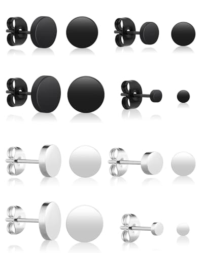 JELIEE 8 Pairs Dot Stud Earrings - Stainless Steel Ear Studs - Round Flat Top - Unisex - Black...