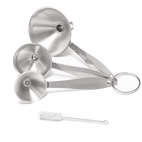 3 Stück Stapelbarer Kleiner Trichter, Mini Edelstahl Trichter, Klein Edelstahltrichter Mit Griff, Mit 1-Teiligen Reinigungsbürste Für Die Übertragung Von Flüssigkeiten, Pulver, Gewürze Cover