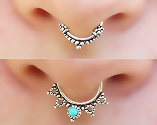 Set of 2 Sterling Silver Faux Septum Nose Ring for Non Piercing Nose, Non Pierced Septum Ring, Stone Faux Septum, Nose Jewelry