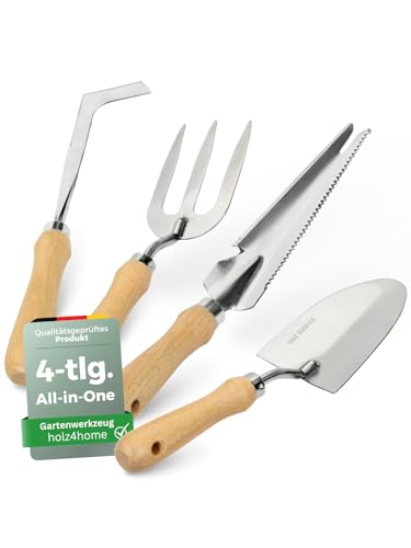 holz4home® Gartenwerkzeug Set 4-TLG. I Edelstahl & Eschenholz I Handschaufel, Unkrautstecher, Fugenkratzer, Gartengabel I Ergonomische Handwerkzeuge für Garten & Balkon