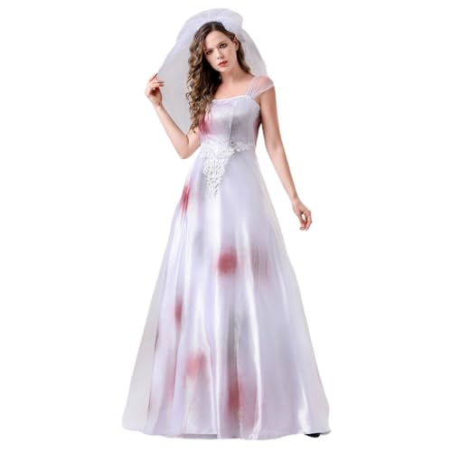 2026 Vestido de cosplay de novia fantasmal para mujer, disfraz de Halloween para fiestas (blanco, XXL)