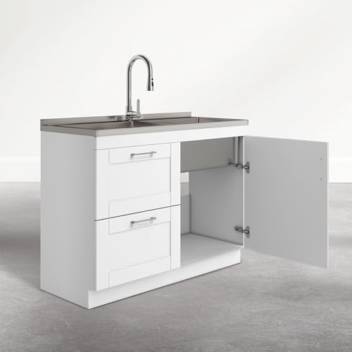 Image of SIMPLIHOME Modern Wide Shaker All-in-One 46 inch Wide Utility Sink and Laundry Cabinet in Glacier White Finish, Transitional Stainless Steel Sink Cabinet for Laundry Rooms with High-Arch Chrome Faucet