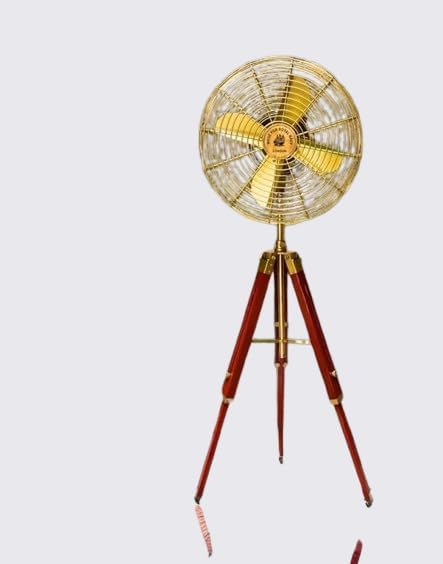 Wooden Tripod Fan Electric Corded Handmade Brass Antique Vintage Style Pedestal Fan with Wooden Adjustable Tripod Stand Retro Design, Unique Collectible, Functional Home Decor Vintage Reproduction
