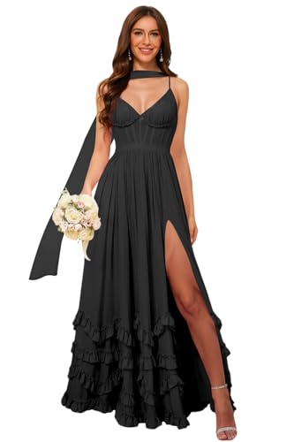 Floral Printed Ruffle Bridesmaid Dress with Scarf Spaghetti Straps Long Corset Chiffon Formal Evening Maxi Dress LN137