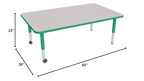 Image of Sprogs Adjustable Height Mobile Classroom Activity Table for Preschools, Rectangle Preschool Activity Table with Casters, 36 inchD x 60 inchW x 23 inchH, Gray /Green