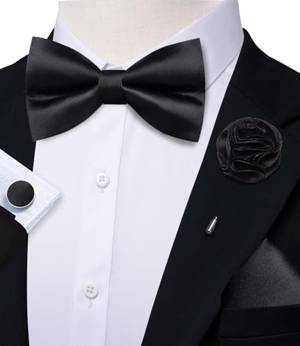Image of Solid Color Bow Ties for Men Silk Pre-tied Tuxedo Bowtie Set 4PCS | Pre-tied in 3 seconds,adjustable 4PCS bow tie and pocket square cufflinks lapel pin set,wedding,formal,party,prom,graduation