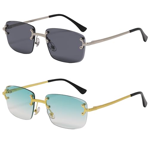 Image of Retro Rimless Rectangle Glasses Vintage Square Metal Wire Frame Trendy Hip Hop Frameless Style for Men and Women