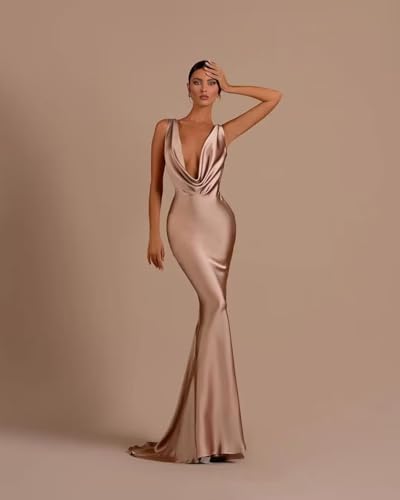 Satin Mermaid Bridesmaid Dresses Long Deep V Neck Pleats Formal Gowns and Evening Dresses3