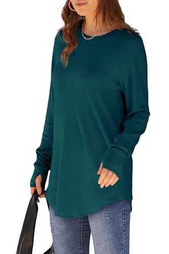 Image of XIEERDUO Womens Tunic Tops to Wear with Leggings Long Sleeve Thumb Hole Shirts Crew Neck Curved Hem