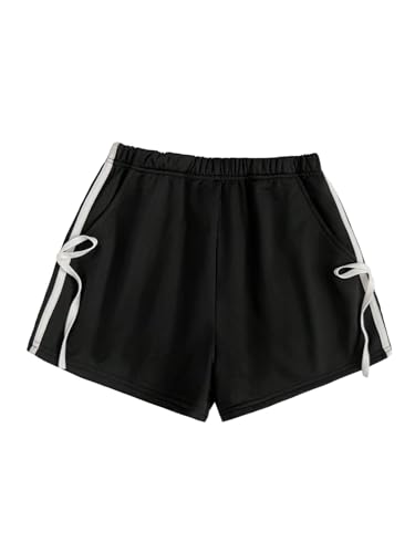 SHENHE Girl's Striped Sweat Shorts Y2K Bowknot Elastic Waist Wide Leg Track Shorts
