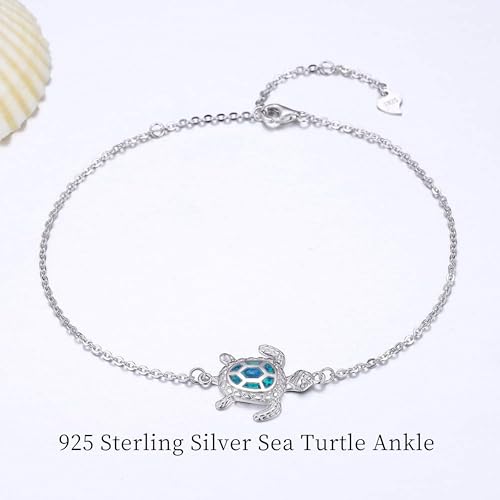 Blue Opal Sea Turtle Ankle Sterling Silver Anklet Fine Jewelry for Women Gifts 4 Level Adjustable Anklet (Large Bracelet)3