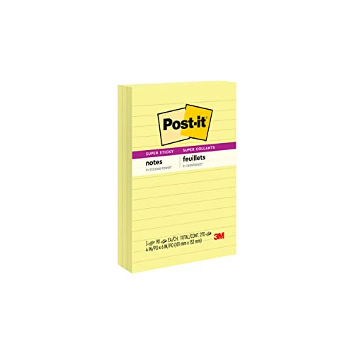 Post-it Super Sticky Lined Notes, 3 Sticky Note Pads, 4 x 6 in., School Supplies, Office Products, Sticky Notes for Vertical Surfaces, Monitors, Walls and Windows, Canary Yellow image 8