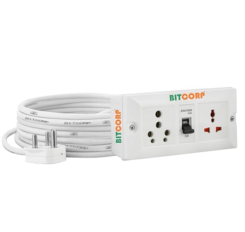 Bitcorp Extension Board Heavy Duty Box 15A 16A 20A with Thermal Protection (2500W) Surge Protection with 10 Meter Long Cable Cord Wall Mount (White)