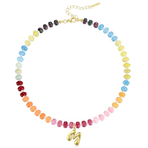 KissYan Initial Necklaces for Women, Colorful Beaded Gemstone Choker 14K Gold Bubble Letter Pendant Necklace Natural Stone Summer Beach Handmade Jewelry Gift