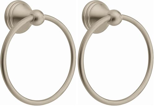 Image of Moen Preston Collection Spot Resist Brushed Nickel 7-inch Bathroom Hand Towel Ring, Wall Mounted Towel Hanger, DN8486BN (Pack of 2)