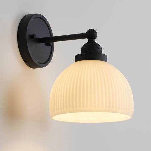 Image of Vintage Wall Sconce 1-Light with White Striped Glass Globe Shade, Indoor Wall Mounted Lamp Fixture for Living Room Bedroom Kitchen Hallway