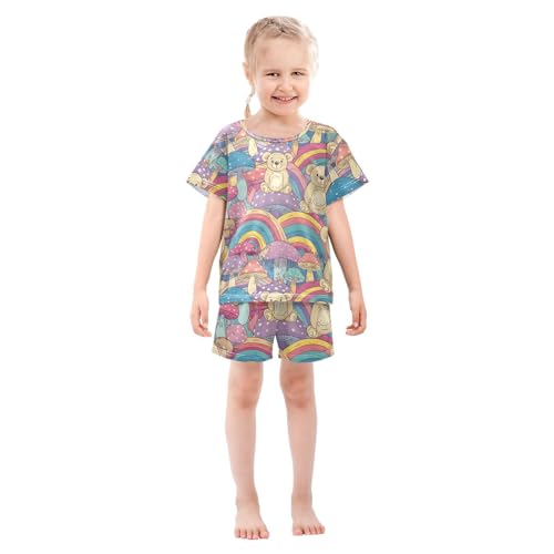 ALAZA Mushroom Bear Rainbow Retro Pajamas Short Sleeve 2 Piece Sleepwear Top and Bottom Pajama Set Unisex3
