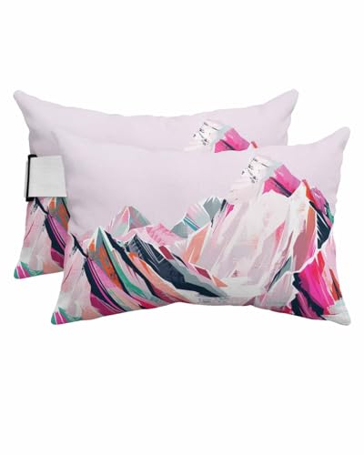 Purple Mountain Outdoor Waterproof Pillows for Recliner Chaise Lounge Chair, Abstract Pink Street Art Nature Wilderness Lumbar Pillows with Inserts & Elastic Band for Patio Beach 2 Pack-11x16 In