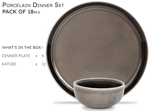 Image of Bodhi House Handcrafted Chip Resistant Porcelain Dinner Set, 18 Pieces Dish Set Serving for 6, Microwave and Dishwasher Safe, Bone-ash Free, Crockery Set for Dining and Gifting, Smoke Grey