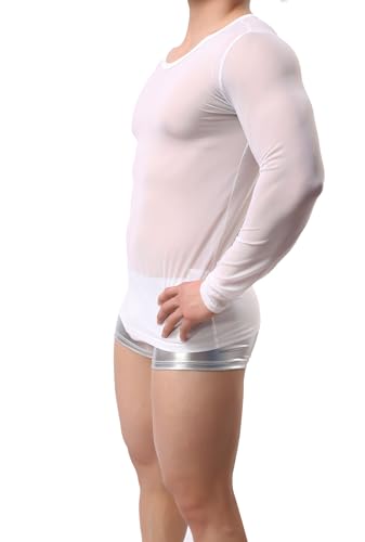 ONEFIT Men's Long Sleeves Tank Top See Through T-shirt Mesh Nightwear, White, Small