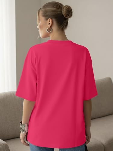 Image of LEOTUDE Women Cottonblend Drop Shoulder Oversized Round Neck Half Sleeve
