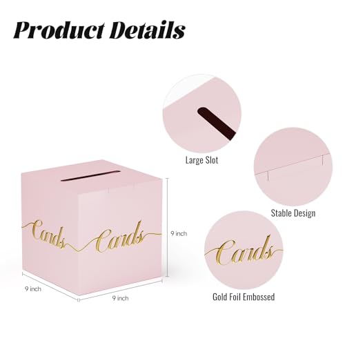 Image of Light Pink Card Box for Party, Box for Cards with Gold Foil Embossed Design 9 x 9 x 9 Inch Card Box for Wedding Reception Birthday Bridal Baby Shower Raffle