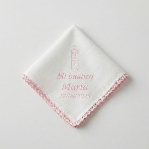 Lenço batismo personalizado bordado com nome e data, pano batismo de linho e algodão natural, lenço batismo para menino e menina, presente batismo personalizado (rosa)