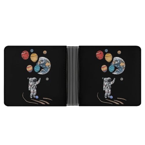 Astronaut Holding Planet Balloons Funny Men's Slim Bifold Wallet with Multiple Card Slots Front Pocket Purse
