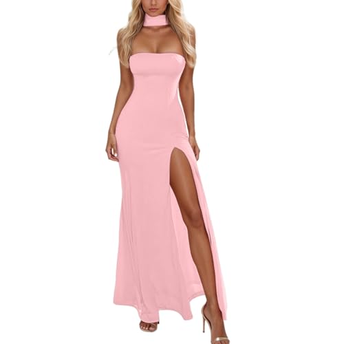 Vestido casual con estilo para mujer, diseño diario, sin tirantes de color sólido, versátil para todas las estaciones, fácil de limpiar, perfecto para superposición con joyas, vestido chic, rosa, L