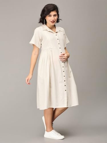 Image of The Mom Store Maternity & Nursing Midi Dress for Women | Pregnancy & Postpartum Wear | Cotton Flex Dress for New Mom | Trendy Stylish Comfortable Feeding Dress for Womens | Causal Office Formal Wear