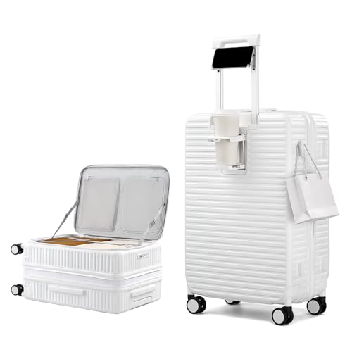 Hard Shell Suitcases 24 Inch Check in Luggage with Spinner Wheels Cup Holder, Lightweight Top Opening Expandable Luggage Hard Case Rolling Medium Checked Suitcase with Lock, White
