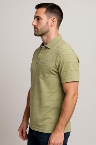 Image of WILD ELEPHANT Men Cotton Striped Polo Neck Half Sleeve T-Shirt with Pocket