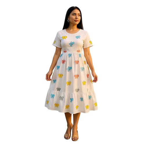 Image of Women's White Cotton Floral Print Dress | Round Neck Regular Sleeve | Trendy Casual Summer Dress