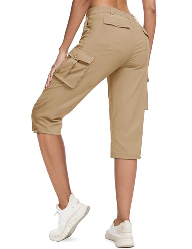 MAGCOMSEN Women's Cargo Capris Pants with 6 Pockets Lightweight Water Resistant Hiking Travel Pants Summer Casual