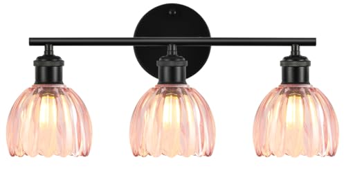 Image of Bathroom Light Fixtures, 3-Light Brushed Black Vanity Lights for Bathroom with Pink Tulip Glass Shade, 20 inch Vintage Bathroom Vanity Lighting Fixtures Over Mirror for Bedroom Living Room Hallway