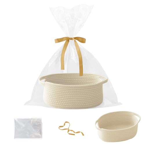 Image of Cream Woven Rope Basket,Baby Gift Basket with Bag & Ribbon