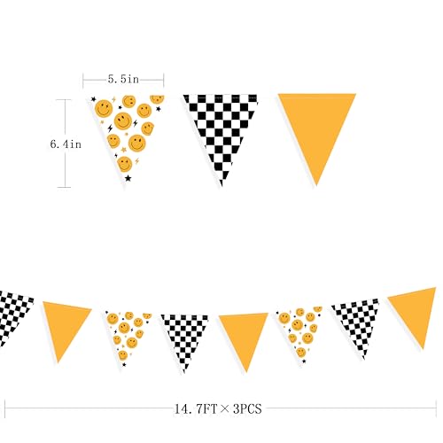 Image of Happy Dude 1st Birthday Decorations Yellow Black Smile Face Star Lightning Checkered Smiley Face Triangle Paper Hanging Pennant Banner Flag for First Birthday Party Decorations Supplies