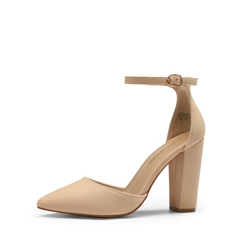 DREAM PAIRS Zapatos de Tacón Alto para Mujer Coco, Bombas de Tacón Cuadrado, Punta Cerrada, con Correa en el Tobillo, Zapatos de Vestir,Size 39,Desnudo/Ante,Coco