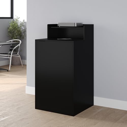 Image of Flash Furniture Dell Trash Can Enclosure with Tray Shelf and 8 inch Drop Hole, Commercial Grade Trash Receptacle for 32 Gallon Round Cans, Swing Door Access, Black