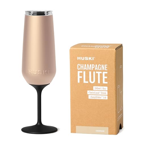 Huski Champagne Flute | NEW | Premium Stainless Steel Champagne Glass with Lid | Go Stemmed or Stemless with Detachable Stem | Triple Insulated Tumbler | 8oz Capacity | Great Gift (Champagne)