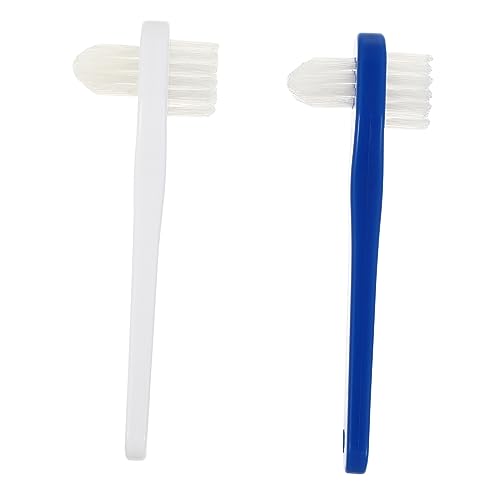 minkissy 2pcs Dual Head Denture Brush Soft Bristles Long Non-Slip Handle for False Teeth Cleaning White Blue Daily Oral Care