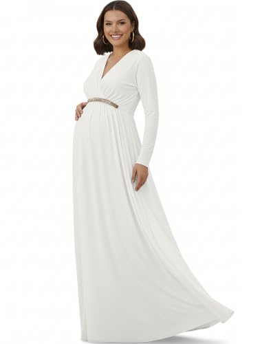 Image of KOH KOH Womens Maternity Long Sleeve V-Neck Flowy Winter Maxi Dress Gown