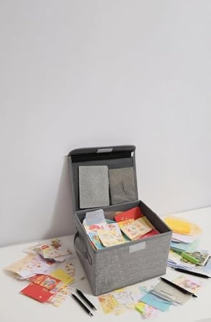 Small Storage Box, Storage Basket with Lid, Foldable Cotton Linen Fabric Keepsake Box, Organizer Container with Zipper for Decorative, Medicine, Greeting Card Organizer.(Gray)