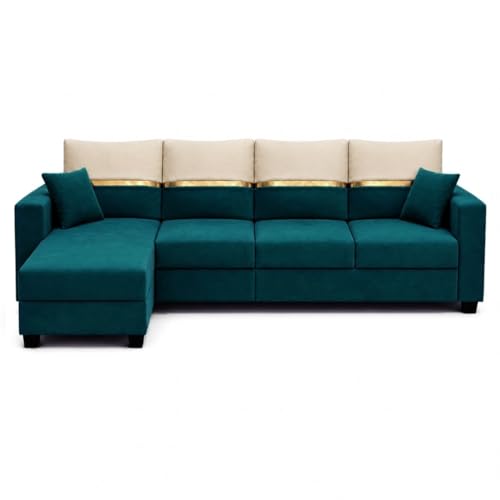 Image of Furny Arvea 8 Seater Fabric LHS L Shape Sofa Set with 1 Centre Table & 2 Puffy (Greenish Teal) | Soft Velvet Fabric | Modern Design | Comfortable Seating | Living Room Furniture