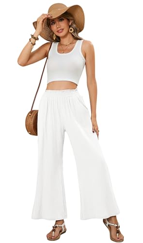 R.Vivimos Cotton Casual Wide Leg Pants for Women Stretchy High Waisted Comfy Flowy Cropped Palazzo Pants with Pockets4