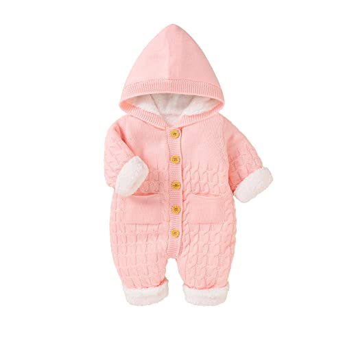 SOONHUA Mameluco con capucha para bebé, mono de algodón recién nacido, lindo mameluco de punto para bebés, manga larga, ropa para bebés y niñas de 0 a 24 meses, rosa claro, 6-12 Meses Cover