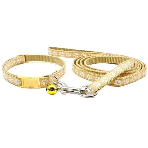 Small Dog Puppy Pet Cat Kitten Collar and Lead Set Pawprint Design Nylon Adjustable with Bell Leash Tan Khaki Beige