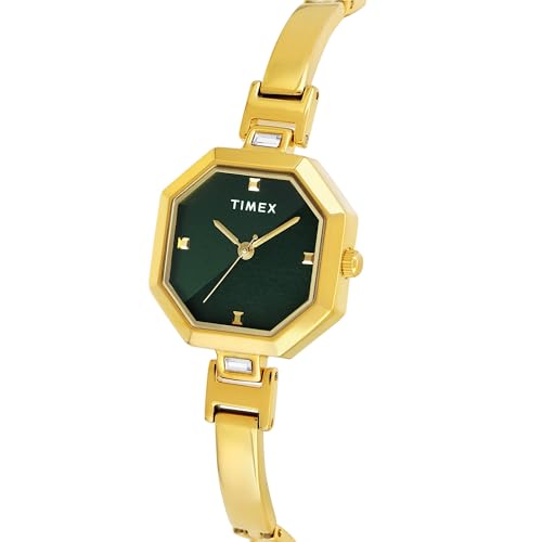 Image of TIMEX Analog Watch for Women with Green Octagonal Dial & Gold Brass Bracelet Band Water Resistant Women's Wrist Watches - TWEL195SMU02