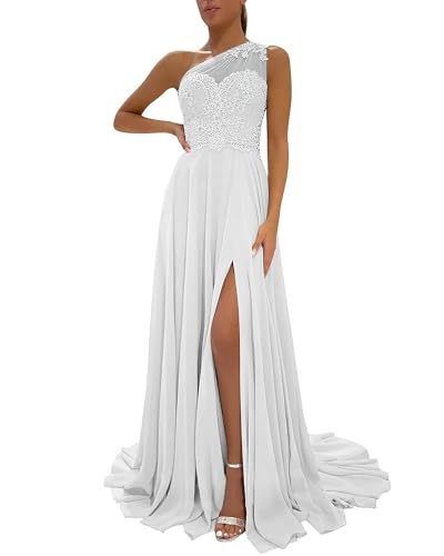 Image of LANGKAAO One Shoulder Lace Bridesmaid Dresses Long for Wedding A-Line Chiffon Slit Formal Party Gown with Pockets